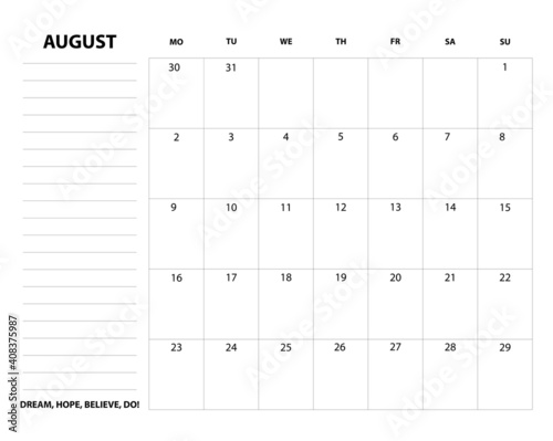 Monthly printable planner, organizer and schedule template for August 2021. 