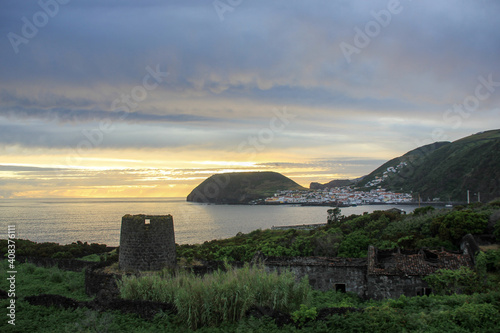 Sunset at Velas bay, Sao Jorge island, Azores, landscape, view.