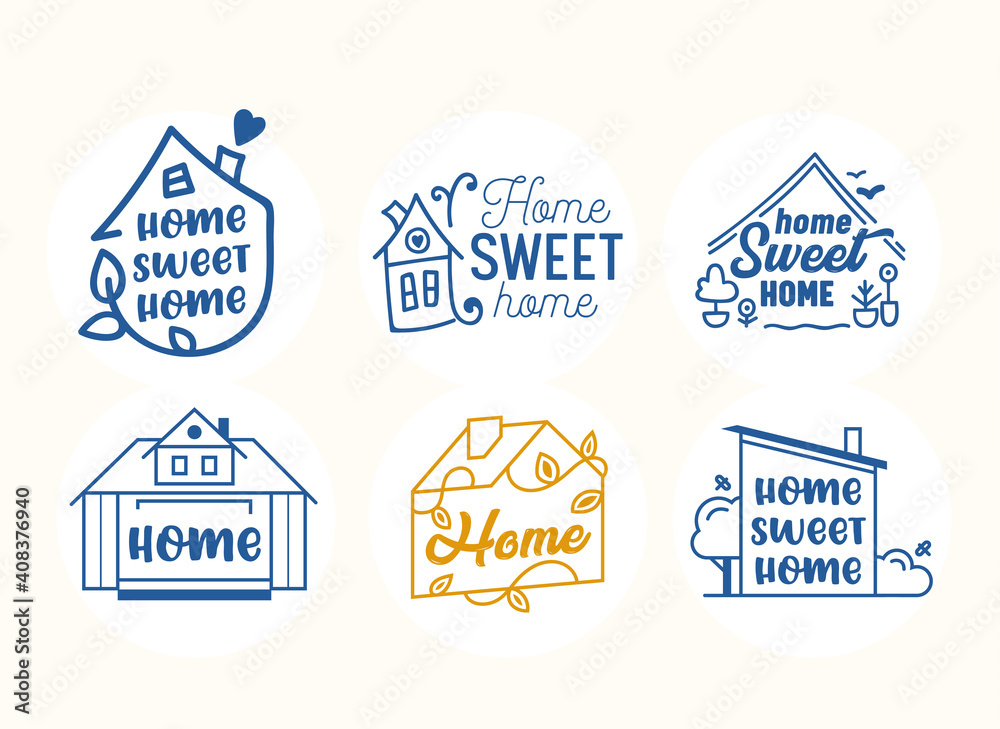 Obraz premium Home, Sweet Home Quotes, Creative Lettering and Typography with Houses in Line Art Style. Decorative Emblems, Elements