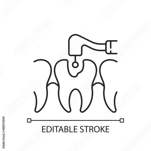 Caries treatment linear icon. Professional dental care. Crown restoration. Endodontic root canal.Thin line customizable illustration. Contour symbol. Vector isolated outline drawing. Editable stroke