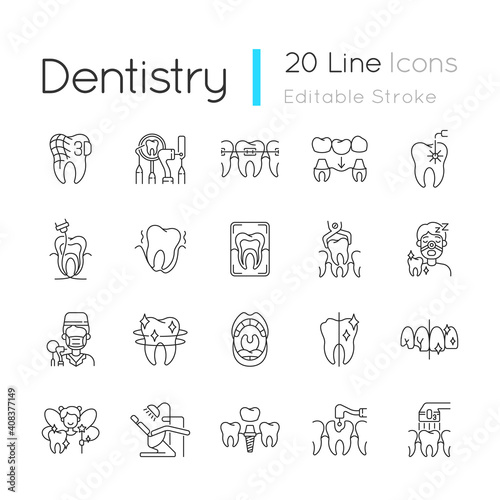 Professional stomatology linear icons set. Dental procedures. Caries treatment. Family orthodontics. Customizable thin line contour symbols. Isolated vector outline illustrations. Editable stroke