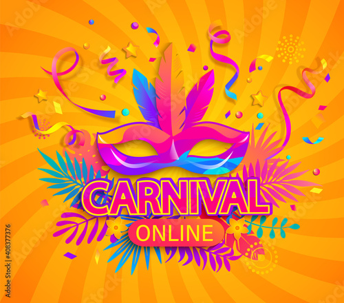 Carnival online party banner. Invitation card for live stream of festival. Mask with feathers for festive on fluid gradient background. Template for design flyer,poster. Vector illustration.