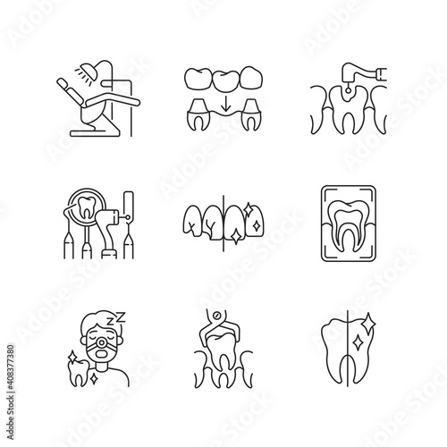 Dental procedures linear icons set. Dental care. Sleeping dentistry. Orthodontics practice. Customizable thin line contour symbols. Isolated vector outline illustrations. Editable stroke
