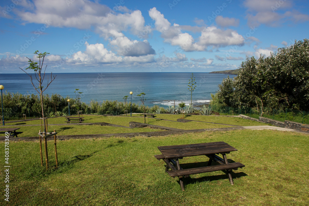 Santa Maria island, Azores, picnic table, view to the Atlantic ocean.