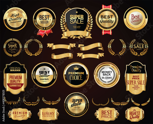 Retro vintage golden badges labels ribbons and shields