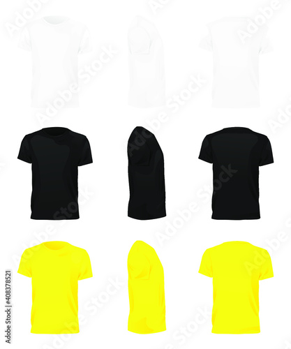 Set of mens t-shirt of different types. T-shirt template set, blank black, white and yellow in front, back views. Realistic mockup men's t-shirt. Vector illustration
