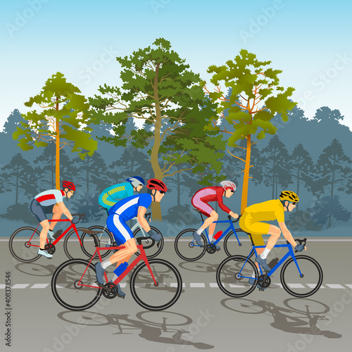 Vector sportsmen cyclists on a landscape background