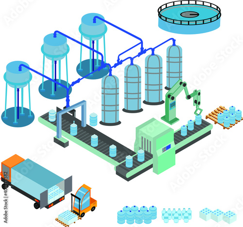 Water cleaning set of isometric icons with facilities of purification plant, laboratory test, transportation isolated vector illustration