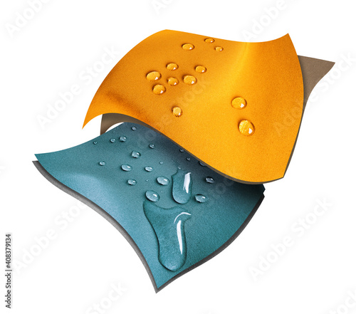 Two technological waterproof and breathable fabrics with raindrops on a white background photo