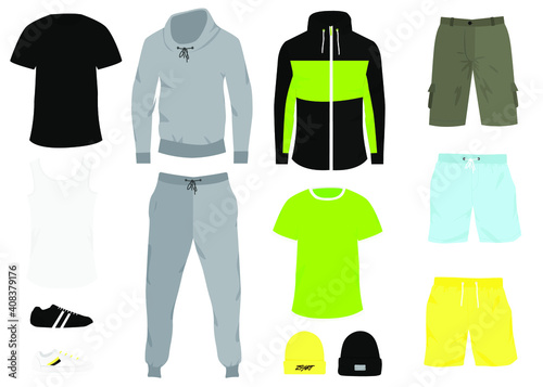 Set of men's sportswear. Fashionable men's set, clothing and accessories: T-shirt, sneakers, tracksuit, hats, shorts. Vector illustration
