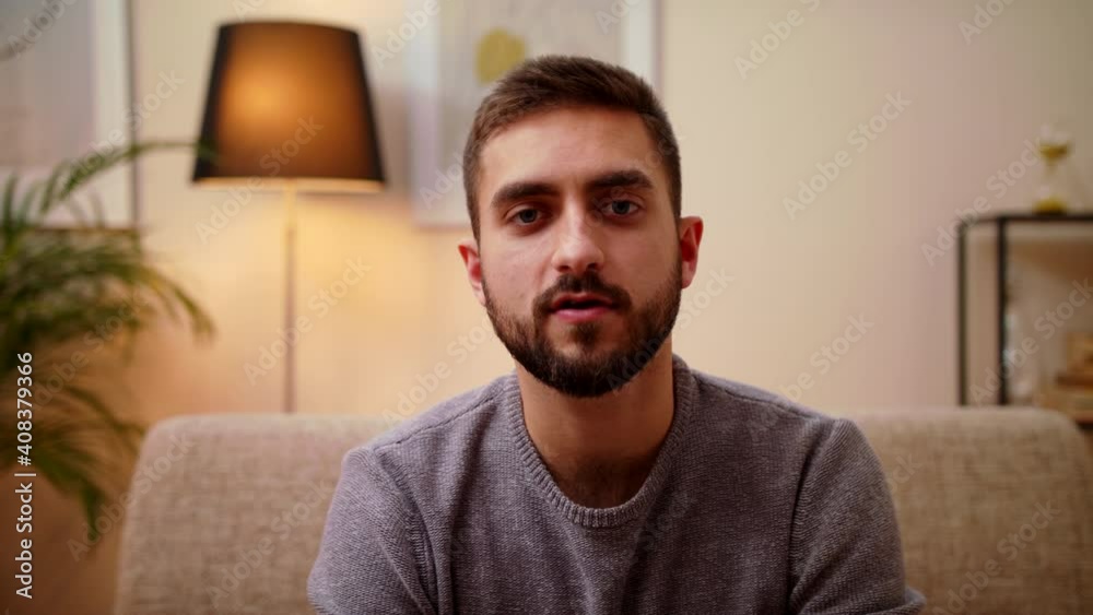 Confident Man Looking At Camera In Home Office, Sitting In Bright Room, Distant Call Job Interview Listen And Talk During Video Conference Online Record Video Doing Video Chat At Home Webcam View Confident Man Looking At Camera In Home Office, Sitting In Bright Room, Distant Call Job Interview Listen And Talk During Video Conference Online Record Video Doing Video Chat At Home Webcam View