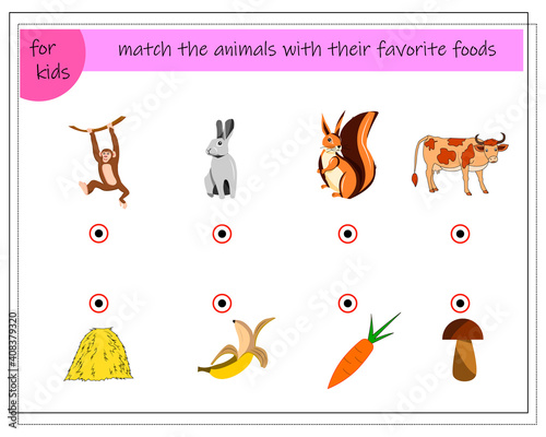 A puzzle game for kids. Match the animals with their favorite foods. Monkey, hare, squirrel, cow, banana, carrot, mushroom, hay. Vector isolated on a white background