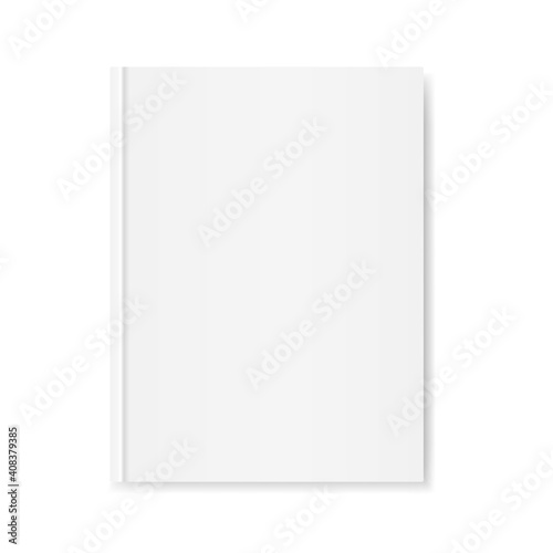 Book mockup on white background. White cover template with shadow. Closed magazine or book. Realistic vertical blank top view. Notebook or catalog design. Vector illustration