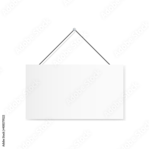 Sign hanging on white wall. Realistic signboard mockup. Sign template on a rope. Isolated banner on white background. Paper poster blank. Vector illustration