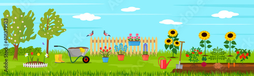 summer landscape on a farm with pets and livestock with green beds and rural tools.