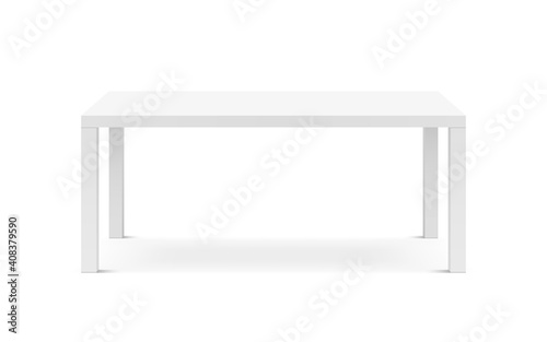 Table white mockup. Modern 3d desk with soft shadow. Interior design template. Realistic clean object for presentation or advertisement. Isolated platform. Vector illustration