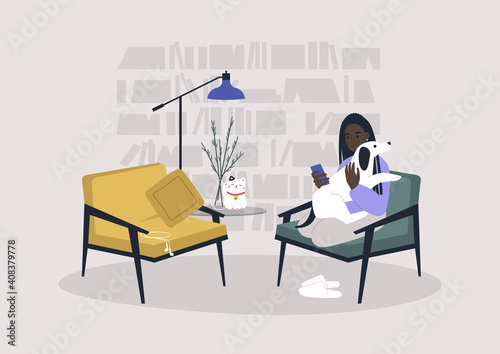 Young female Black character sitting with a dog in a living room, cozy lockdown lifestyle, stay at home concept