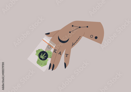 A tattooed hand holding a zip lock bag of cannabis, recreational drugs, legalised medicine