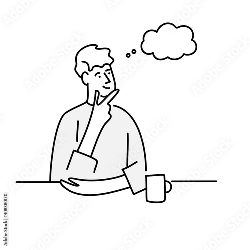 Young man sitting in armchair with laptop. People stay at home. Hand drawn vector illustration.