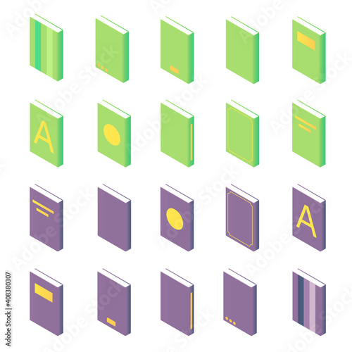 Book isometric - set of paperback literature with various hardcover isolated on white background.