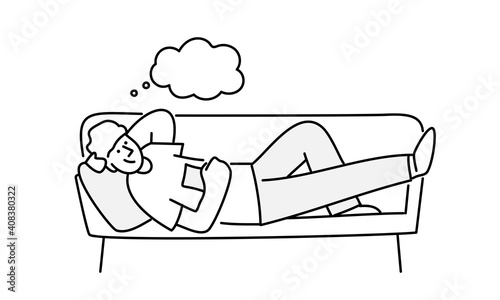 Young man lies on the couch with a book. People stay at home. Hand drawn vector illustration.