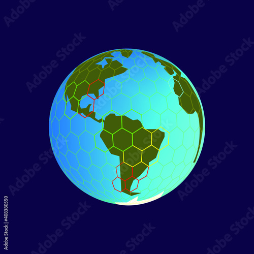 Earth planet with hexagonal grid