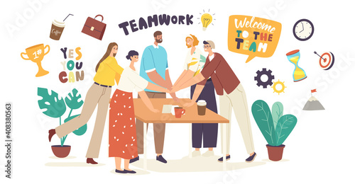 Colleagues Character around of Desk Connecting Hands before or after Successful Business Deal or Contract Signing
