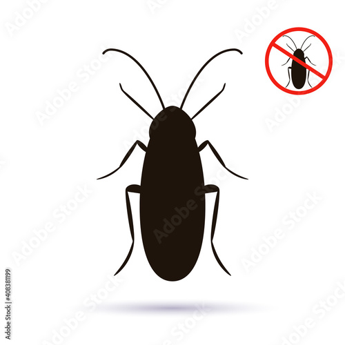 black silhouette of a cockroach. red stop sign. insect control concept.