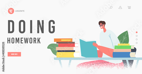 Homework Landing Page Template. Female Character Enthusiastically Reading Sit at Desk with Open Textbook