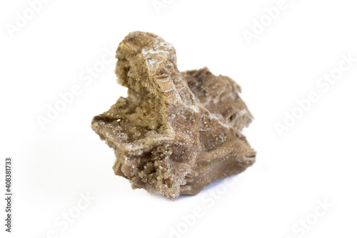 Petrified wood with crystals, fossil, petrification, mineral, close up, selected focus isolated on white background