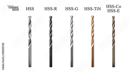 Set realistic hss drill bits HSS. High Speed Steel for working at high speeds. High-alloy metal cutting tools. Tool isolated on white background. Closeup iron drills. Vector illustration photo