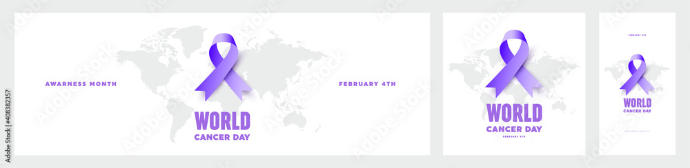 Illustration Of 4 February World Cancer Day Poster Or Banner Background. Cancer Awareness Realistic Ribbon.