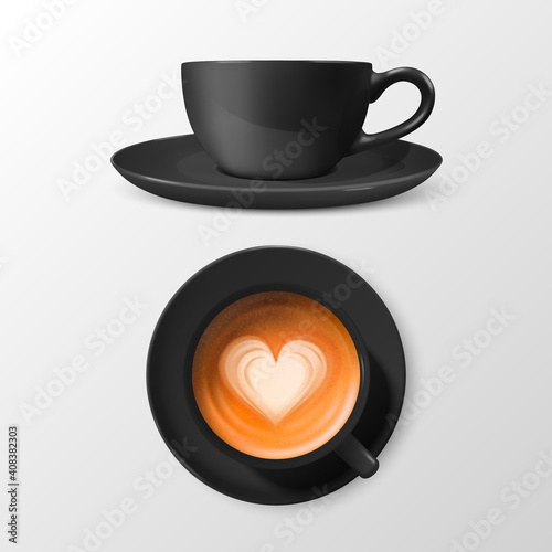 Vector 3d Realistic Ceramic Black Coffee Mug, Cup with Saucer Isolated on White Background. Milk Coffee, Foam, Heart Pattern. Espresso, Capuccino, Latte. Design Template. Top View
