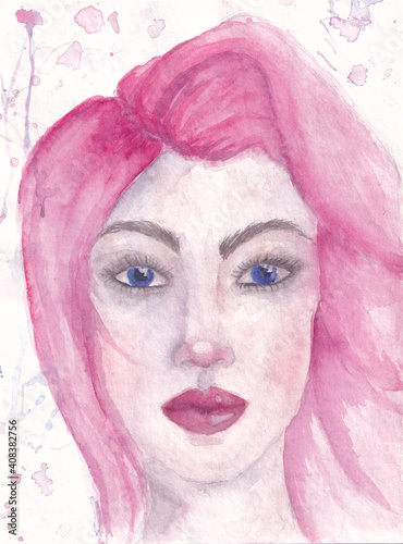 watercolor portrait of a girl with blue eyes and pink hair