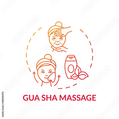Gua sha massage concept icon. At-home face care procedure idea thin line illustration. Relieving muscle tension in face and neck. Chinese healing technique. Vector isolated outline RGB color drawing