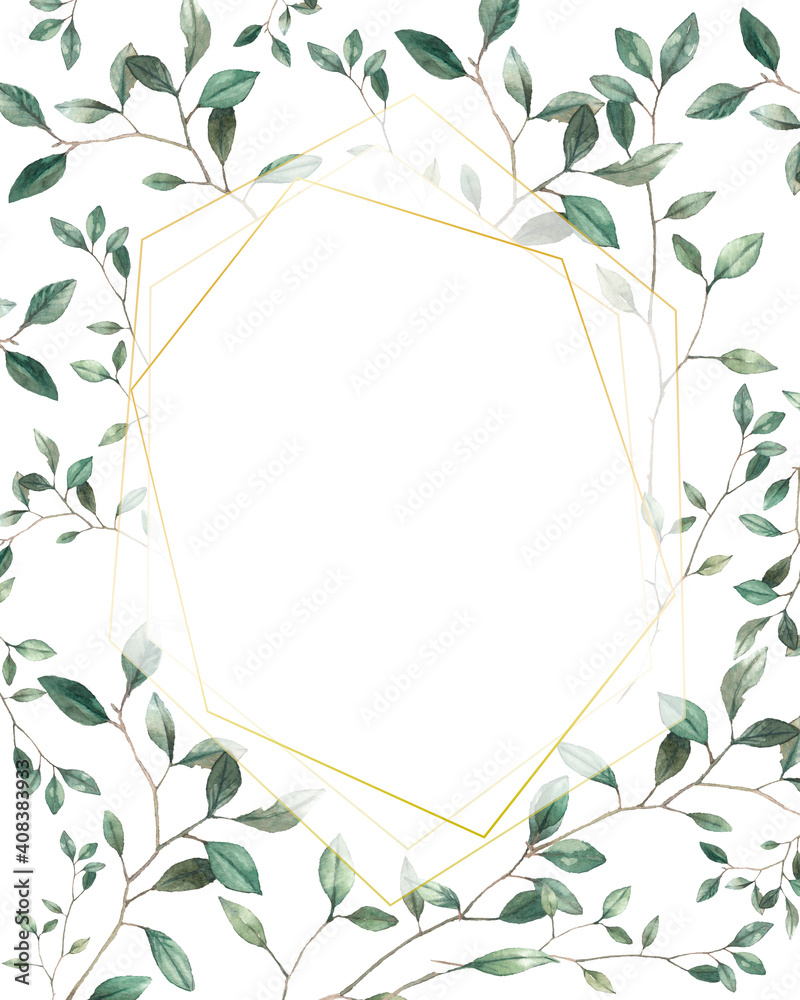 Hexagon wood leaves frame. Hand drawn flowers card design with green leaves, branches. Greeting or wedding template. Hexagon wood leaves frame. Hand drawn flowers card design with green leaves, branches. Greeting or wedding template.