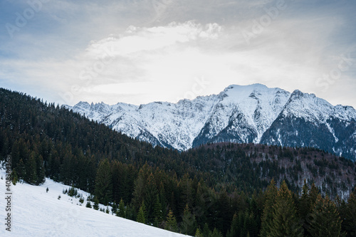 Bucegi Mountain range with Coltii Mari peaks in Transylvania in Winter