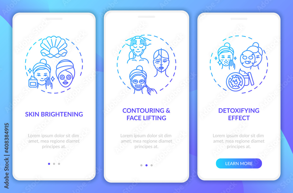 Face mask results onboarding mobile app page screen with concepts. Skin brightening, detoxifying effect walkthrough 3 steps graphic instructions. UI vector template with RGB color illustrations