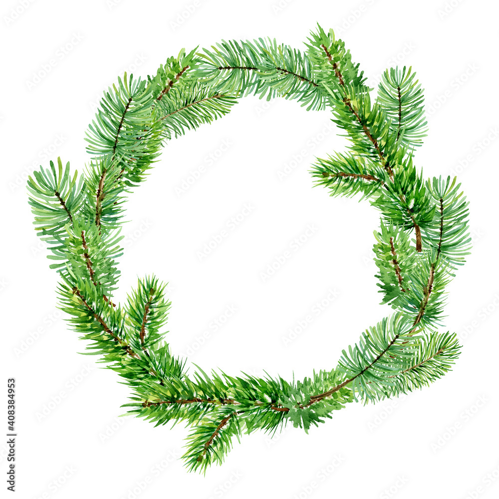 Watercolor christmas wreath, new year green spruce tree branches decoration, hand drawn illustration isolated on white background, perfect for invitation cards, any print design