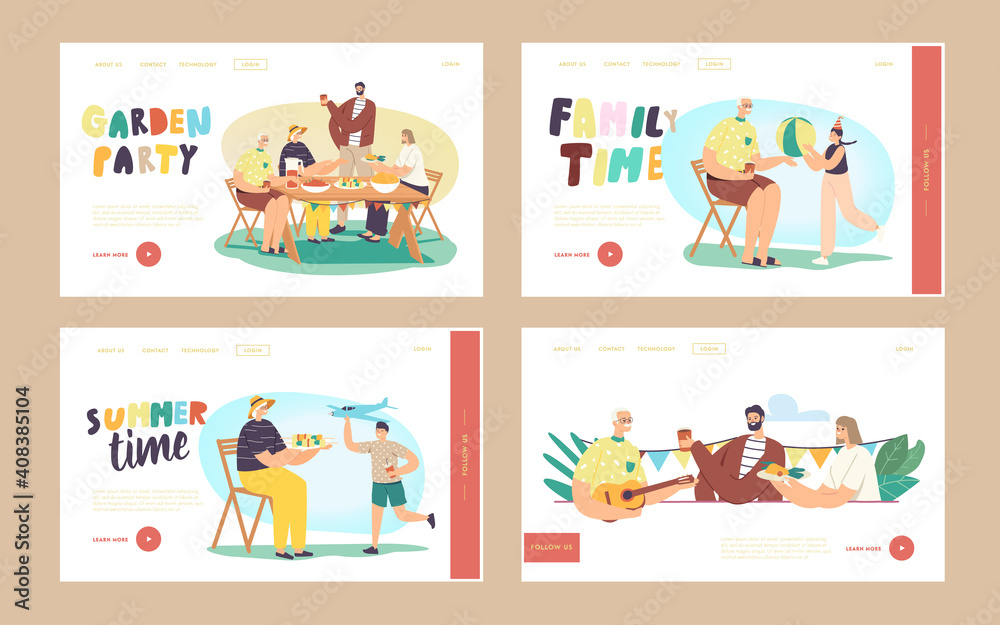 Happy Family Celebrate Garden Party Landing Page Template Set. Characters Sit at Table, Eating, Communicate