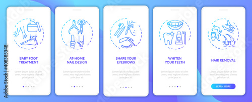 Home beauty procedures onboarding mobile app page screen with concepts. Whitening teeth, hair removal walkthrough 5 steps graphic instructions. UI vector template with RGB color illustrations