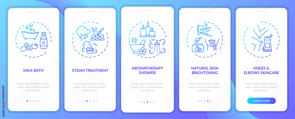 Home spa procedures onboarding mobile app page screen with concepts. Rejuvenation, alternative medicine walkthrough 5 steps graphic instructions. UI vector template with RGB color illustrations