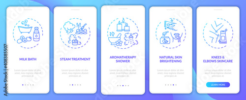 Home spa procedures onboarding mobile app page screen with concepts. Rejuvenation, alternative medicine walkthrough 5 steps graphic instructions. UI vector template with RGB color illustrations