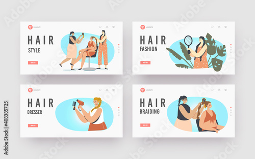 Braiding, Hair Styling Landing Page Template Set. Females Visit Beauty Salon Making Hairstyle. Master Braid Client