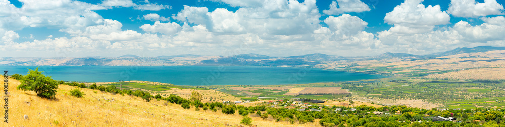 Panoramic View Of Golan Heights and the Galilee and  The Sea of Galilee,  also called Lake Tiberias, Kinneret or Kinnereth.