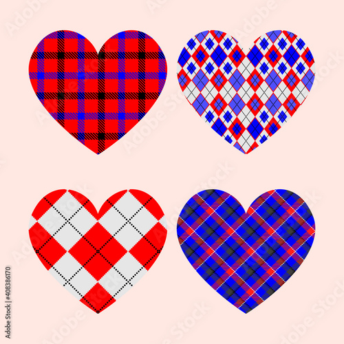 Collection of heart icon. Tartan.