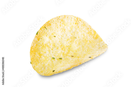 Yellow potato chips with salt and season on a white isolated background