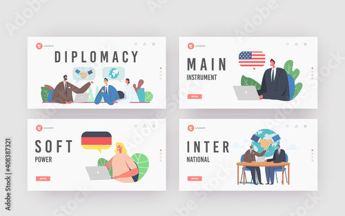 Diplomacy, International Negotiation Landing Page Template Set. Political Meeting at Round Table. Delegates Solve Issues