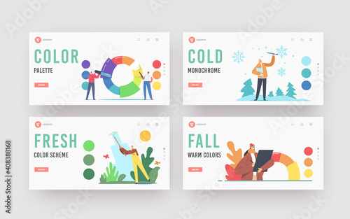 Characters Working with Color Palette Wheel Landing Page Template Set. Professional Designers Choose Colours and Tints