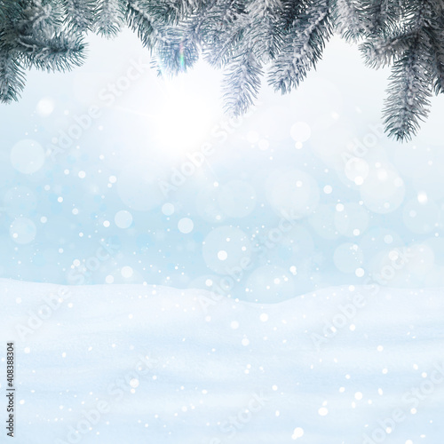 Winter card design. Beautiful fluffy snow and fir tree outdoors © New Africa